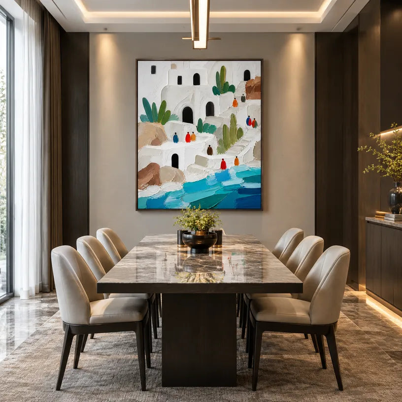 Abstract Expressionist landscapes & seascapes & cityscapes oil painting showing a bright coastal village above turquoise water in a blue palette, contemporary wall art.