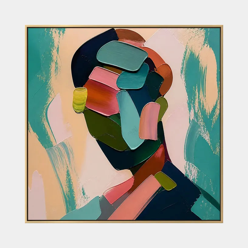 Abstract Expressionist portraiture & figure oil painting showing a graphic figure portrait with teal and green shapes in a green palette, contemporary wall art.