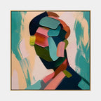 Abstract Expressionist portraiture & figure oil painting showing a graphic figure portrait with teal and green shapes in a green palette, contemporary wall art.