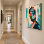 Abstract Expressionist portraiture & figure oil painting showing a graphic figure portrait with teal and green shapes in a green palette, contemporary wall art.