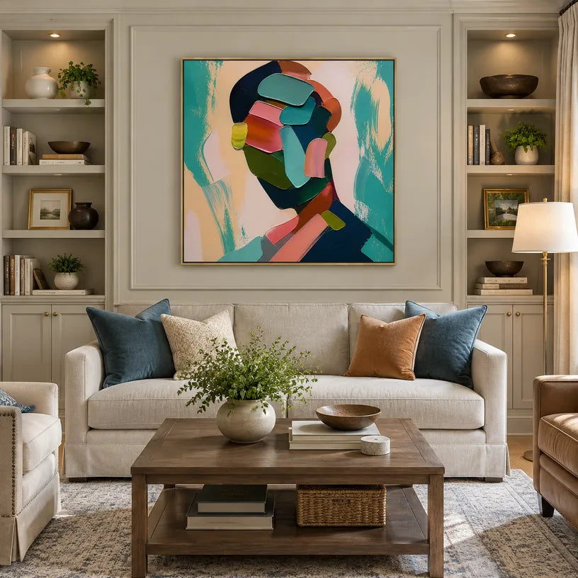 Abstract Expressionist portraiture & figure oil painting showing a graphic figure portrait with teal and green shapes in a green palette, contemporary wall art.