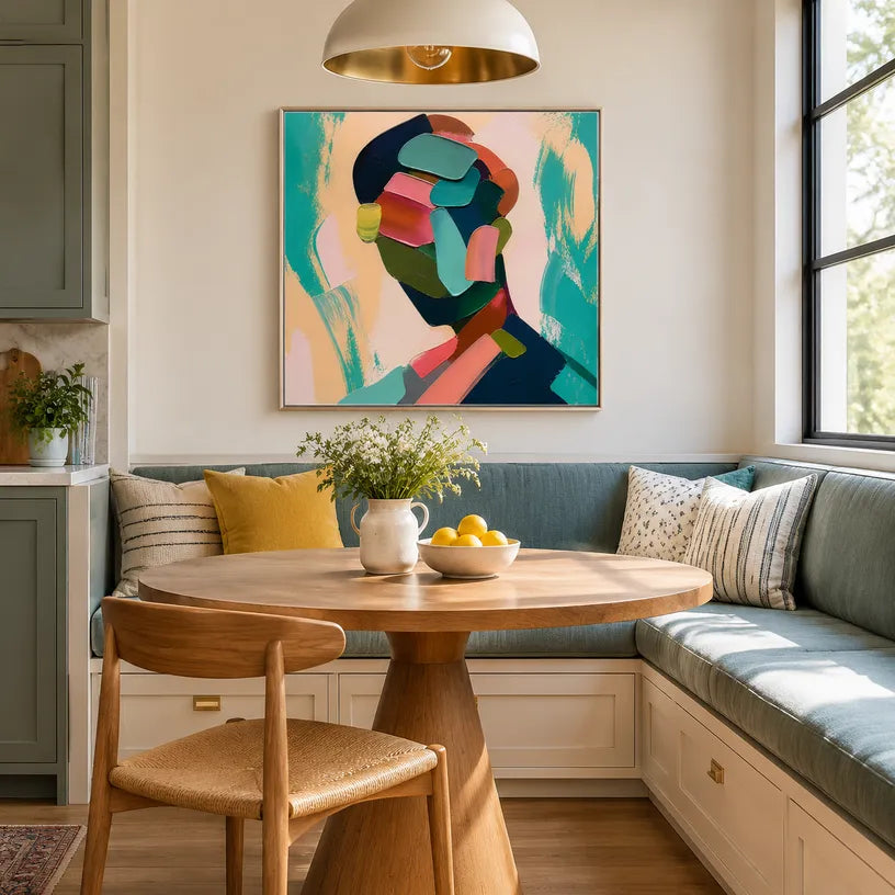 Abstract Expressionist portraiture & figure oil painting showing a graphic figure portrait with teal and green shapes in a green palette, contemporary wall art.