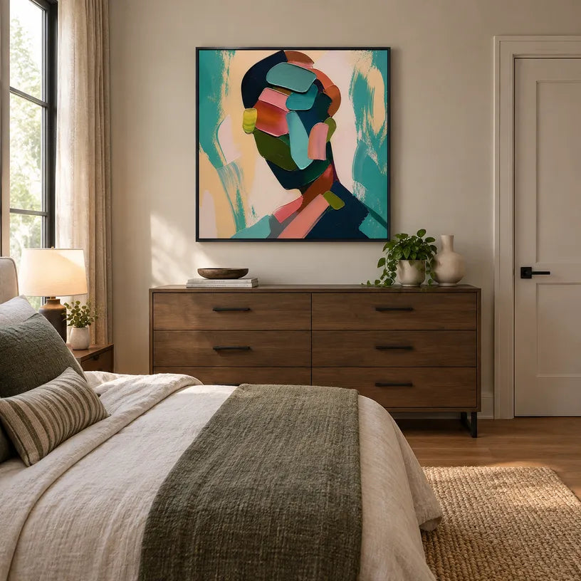 Abstract Expressionist portraiture & figure oil painting showing a graphic figure portrait with teal and green shapes in a green palette, contemporary wall art.