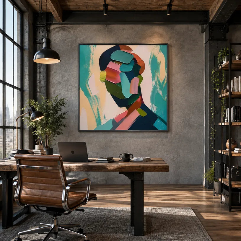 Abstract Expressionist portraiture & figure oil painting showing a graphic figure portrait with teal and green shapes in a green palette, contemporary wall art.