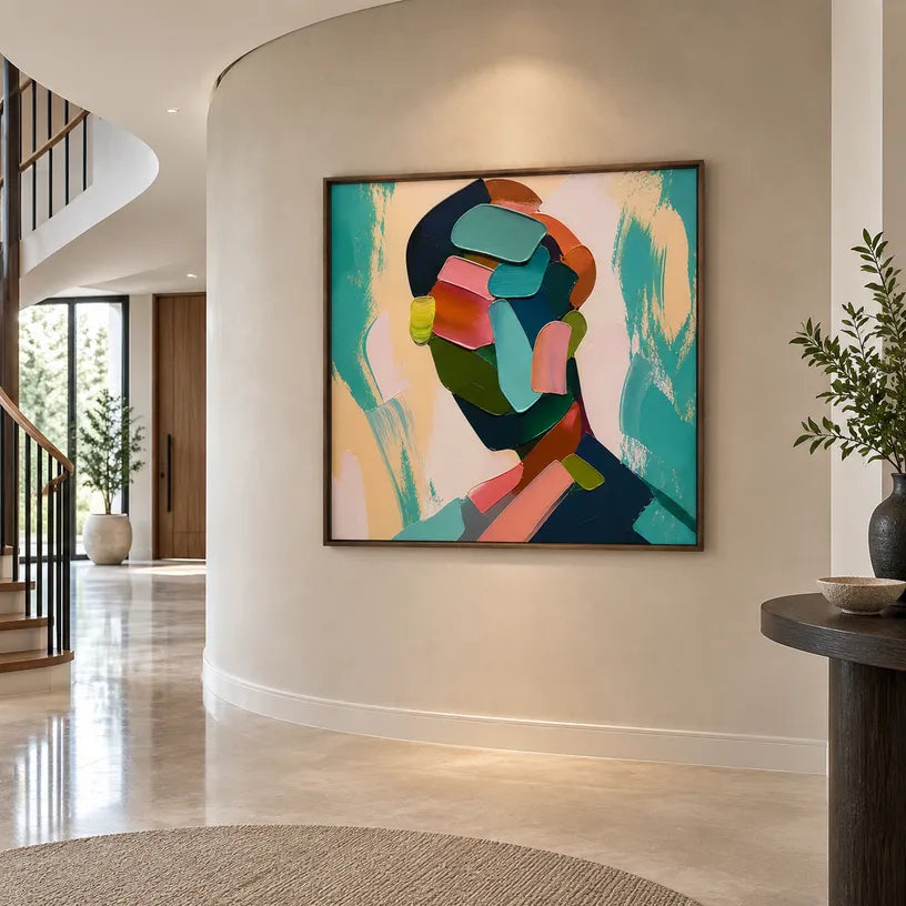 Abstract Expressionist portraiture & figure oil painting showing a graphic figure portrait with teal and green shapes in a green palette, contemporary wall art.