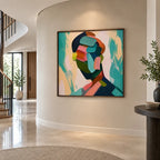 Abstract Expressionist portraiture & figure oil painting showing a graphic figure portrait with teal and green shapes in a green palette, contemporary wall art.