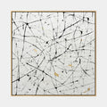 Peinture à l'huile abstraite et conceptuelle d'expressionnisme abstrait présentant des marques abstraites superposées, une texture et un mouvement pictural expressif dans une palette noir et blanc.