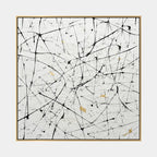 Abstract Expressionist abstract oil painting showing pale ground with black linear marks and small accents, contemporary wall art.