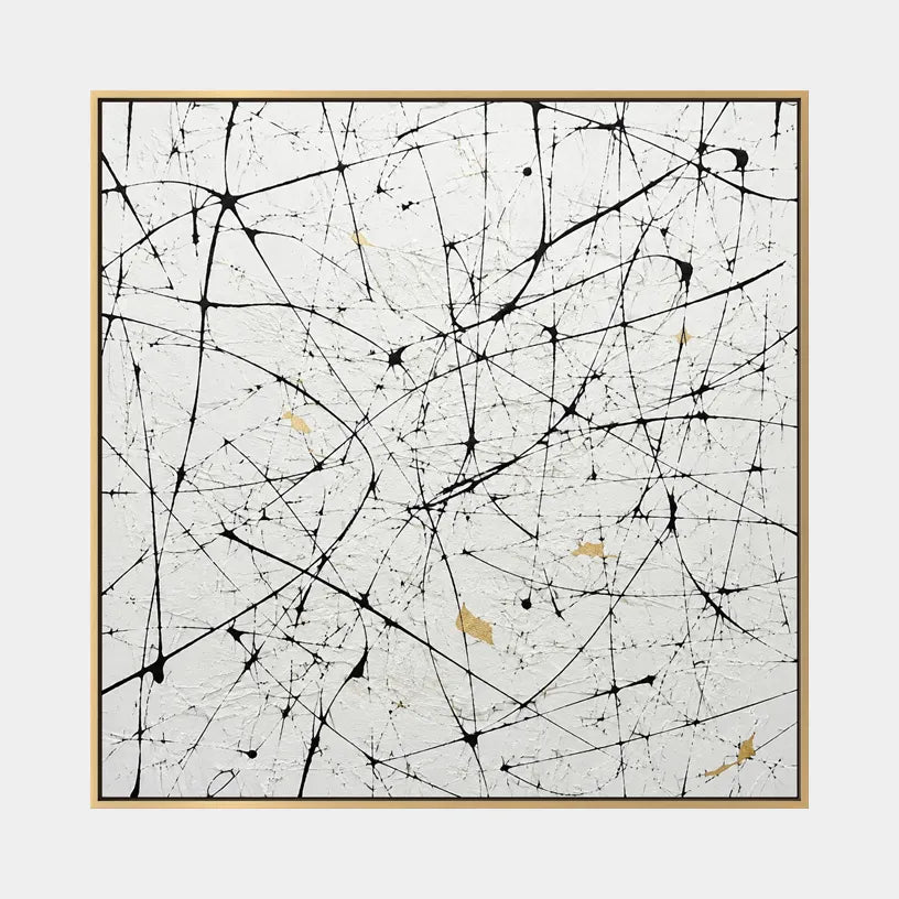 Abstract Expressionist abstract oil painting showing pale ground with black linear marks and small accents, contemporary wall art.
