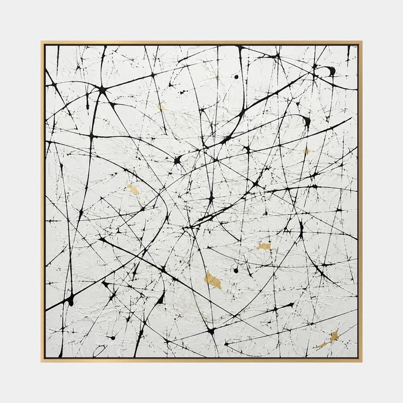 Peinture à l'huile abstraite et conceptuelle d'expressionnisme abstrait présentant des marques abstraites superposées, une texture et un mouvement pictural expressif dans une palette noir et blanc.