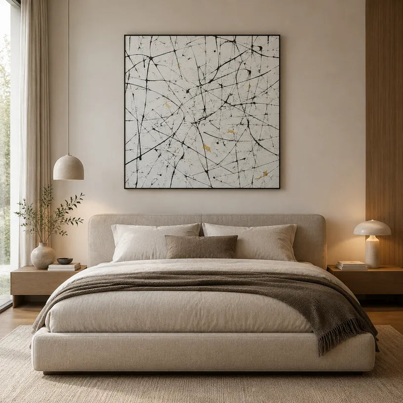 Abstract Expressionist abstract oil painting showing pale ground with black linear marks and small accents, contemporary wall art.