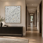 Abstract Expressionist abstract oil painting showing pale ground with black linear marks and small accents, contemporary wall art.