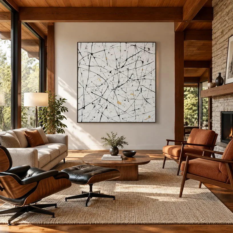 Abstract Expressionist abstract oil painting showing pale ground with black linear marks and small accents, contemporary wall art.