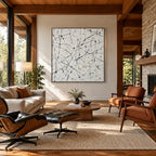 Abstract Expressionist abstract oil painting showing pale ground with black linear marks and small accents, contemporary wall art.