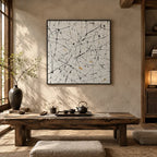 Abstract Expressionist abstract oil painting showing pale ground with black linear marks and small accents, contemporary wall art.