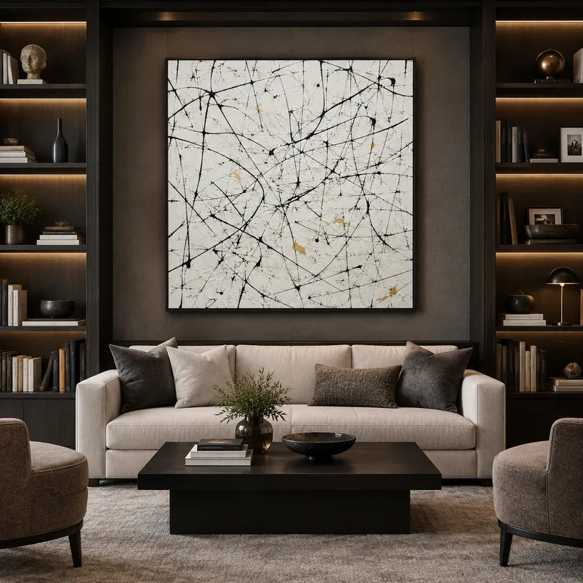 Abstract Expressionist abstract oil painting showing pale ground with black linear marks and small accents, contemporary wall art.