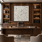 Abstract Expressionist abstract oil painting showing pale ground with black linear marks and small accents, contemporary wall art.