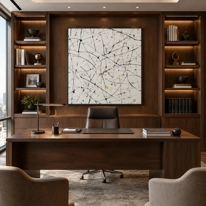 Abstract Expressionist abstract oil painting showing pale ground with black linear marks and small accents, contemporary wall art.