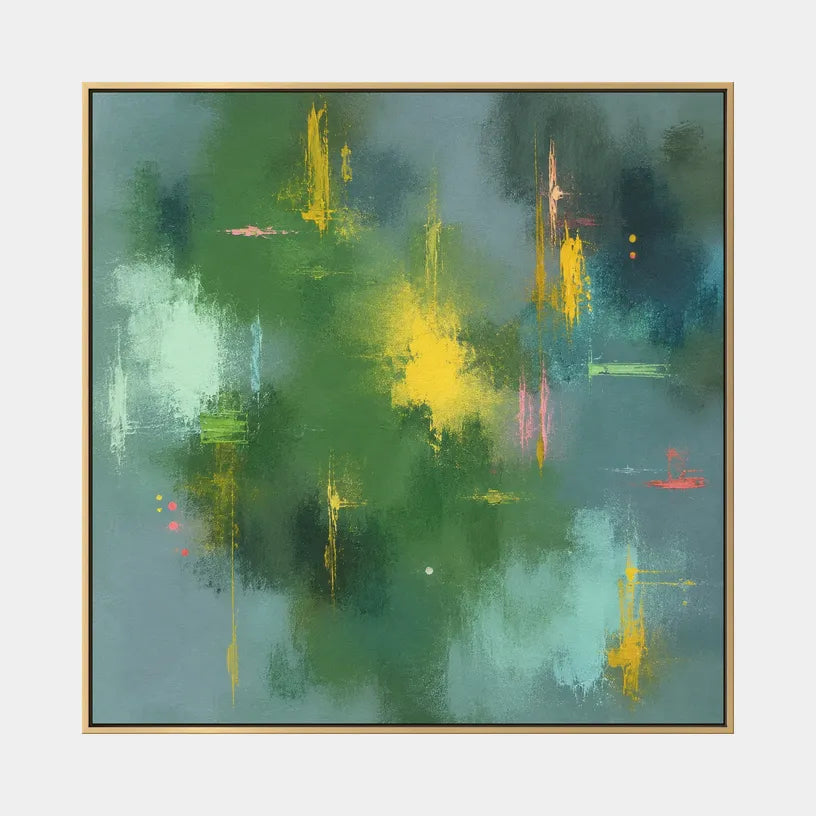 Abstract Expressionist abstract oil painting showing layered abstract marks, texture and expressive painterly movement in a green palette.