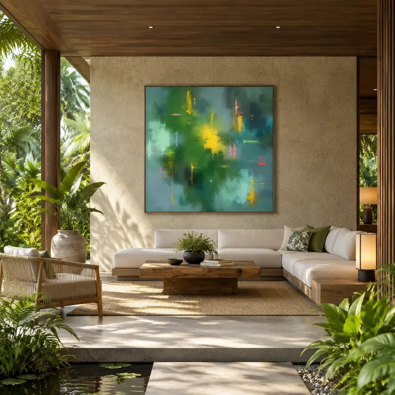 Abstract Expressionist abstract oil painting showing layered abstract marks, texture and expressive painterly movement in a green palette.