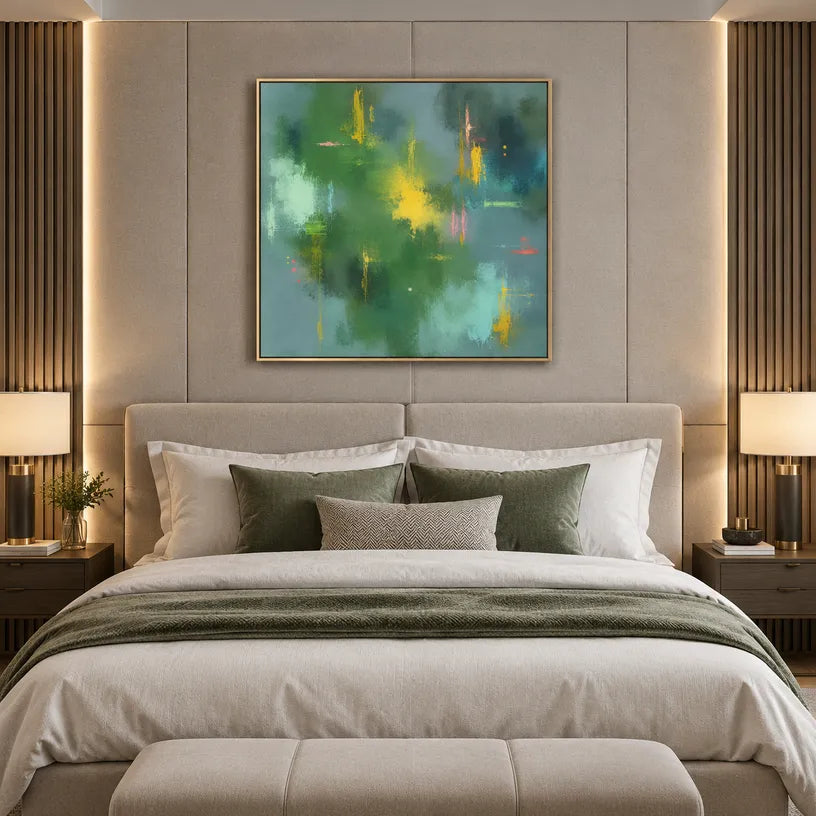 Abstract Expressionist abstract oil painting showing layered abstract marks, texture and expressive painterly movement in a green palette.