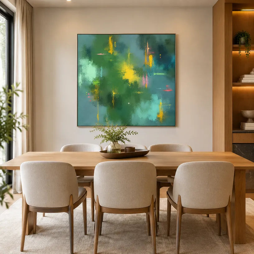 Abstract Expressionist abstract oil painting showing layered abstract marks, texture and expressive painterly movement in a green palette.
