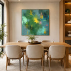 Abstract Expressionist abstract oil painting showing layered abstract marks, texture and expressive painterly movement in a green palette.