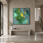 Abstract Expressionist abstract oil painting showing layered abstract marks, texture and expressive painterly movement in a green palette.