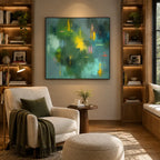 Abstract Expressionist abstract oil painting showing layered abstract marks, texture and expressive painterly movement in a green palette.