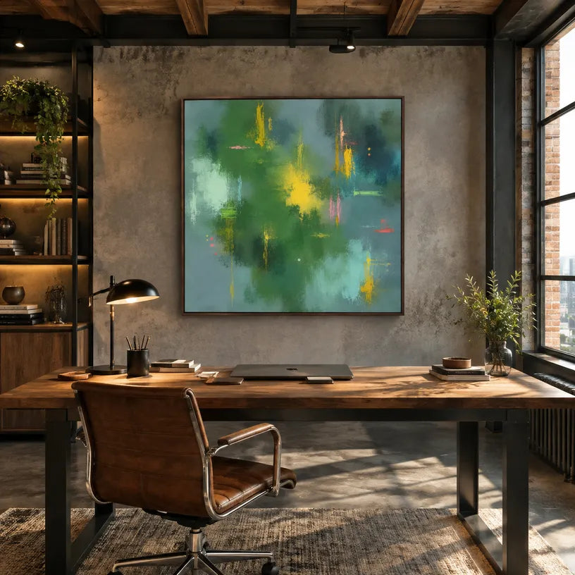 Abstract Expressionist abstract oil painting showing layered abstract marks, texture and expressive painterly movement in a green palette.