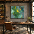 Abstract Expressionist abstract oil painting showing layered abstract marks, texture and expressive painterly movement in a green palette.