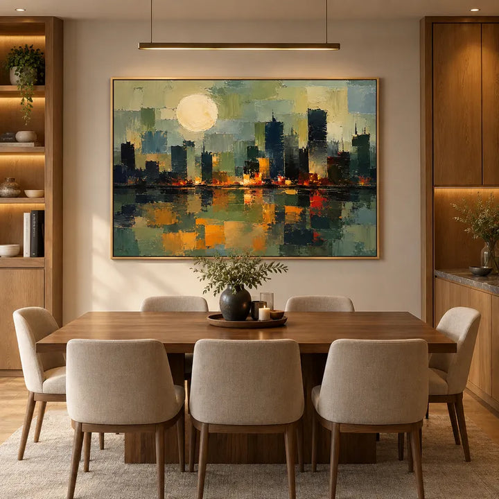 Dipinto a olio con paesaggi, paesaggi marini e paesaggi urbani dell'Espressionismo astratto, caratterizzato da un paesaggio atmosferico, da un paesaggio marino o da una composizione ispirata alla città in una tavolozza verde.