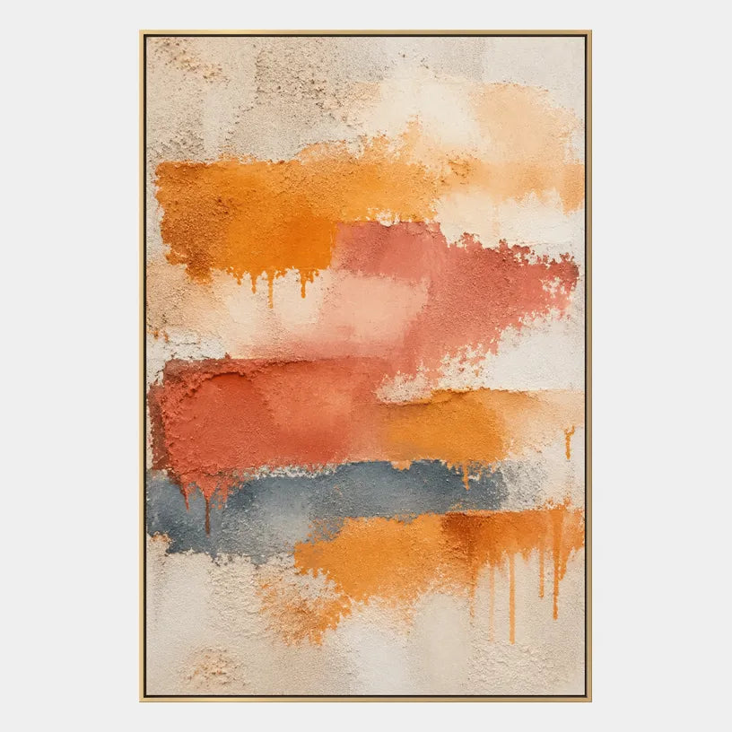 Abstract Expressionist abstract oil painting showing layered abstract marks, texture and expressive painterly movement in a orange palette.