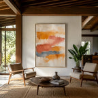 Abstract Expressionist abstract oil painting showing layered abstract marks, texture and expressive painterly movement in a orange palette.