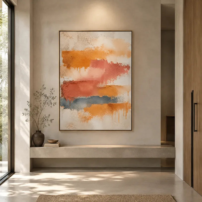 Abstract Expressionist abstract oil painting showing layered abstract marks, texture and expressive painterly movement in a orange palette.