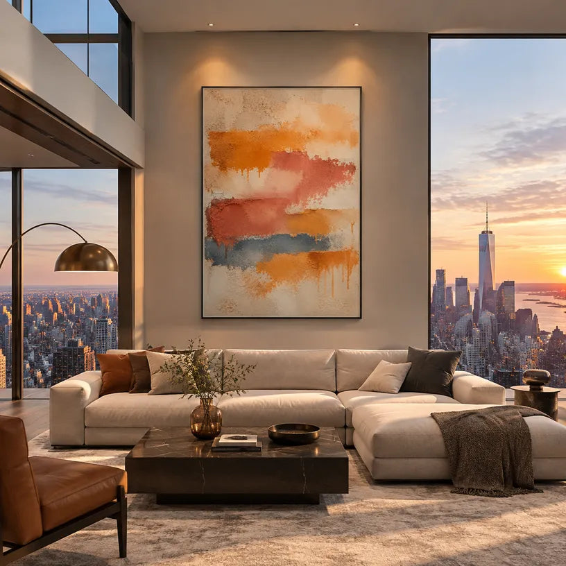 Abstract Expressionist abstract oil painting showing layered abstract marks, texture and expressive painterly movement in a orange palette.