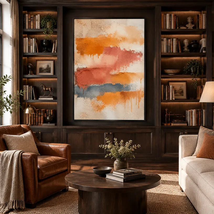 Abstract Expressionist abstract oil painting showing layered abstract marks, texture and expressive painterly movement in a orange palette.