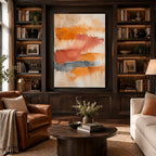 Abstract Expressionist abstract oil painting showing layered abstract marks, texture and expressive painterly movement in a orange palette.