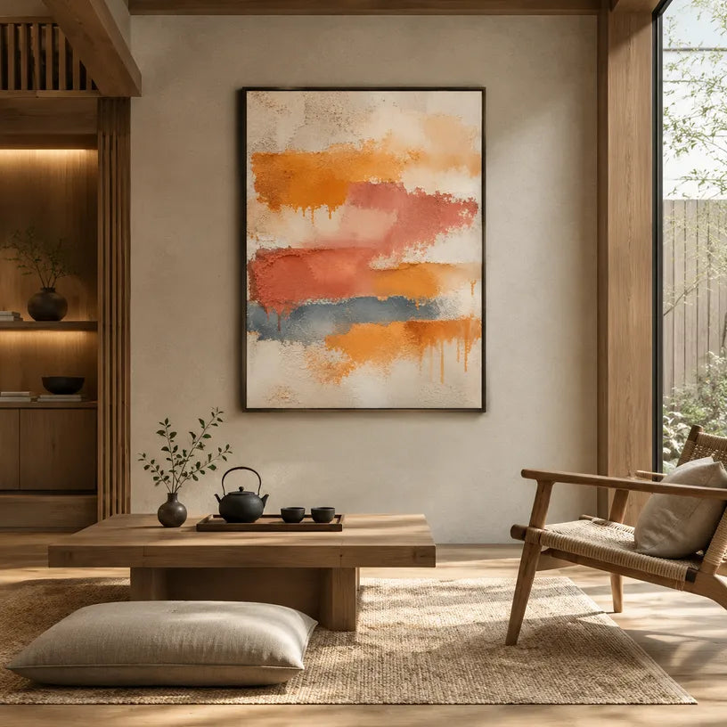 Abstract Expressionist abstract oil painting showing layered abstract marks, texture and expressive painterly movement in a orange palette.