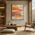 Abstract Expressionist abstract oil painting showing layered abstract marks, texture and expressive painterly movement in a orange palette.