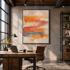 Abstract Expressionist abstract oil painting showing layered abstract marks, texture and expressive painterly movement in a orange palette.