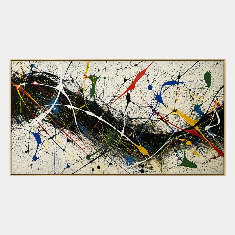 Abstract Expressionist abstract oil painting showing intersecting lines and scattered color marks, contemporary wall art.