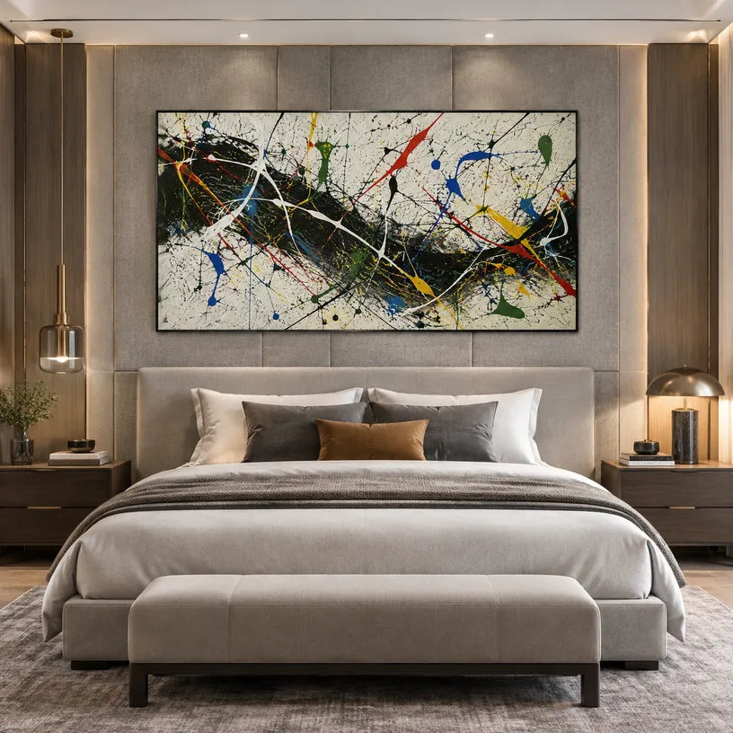 Abstract Expressionist abstract oil painting showing intersecting lines and scattered color marks, contemporary wall art.