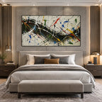 Abstract Expressionist abstract oil painting showing intersecting lines and scattered color marks, contemporary wall art.