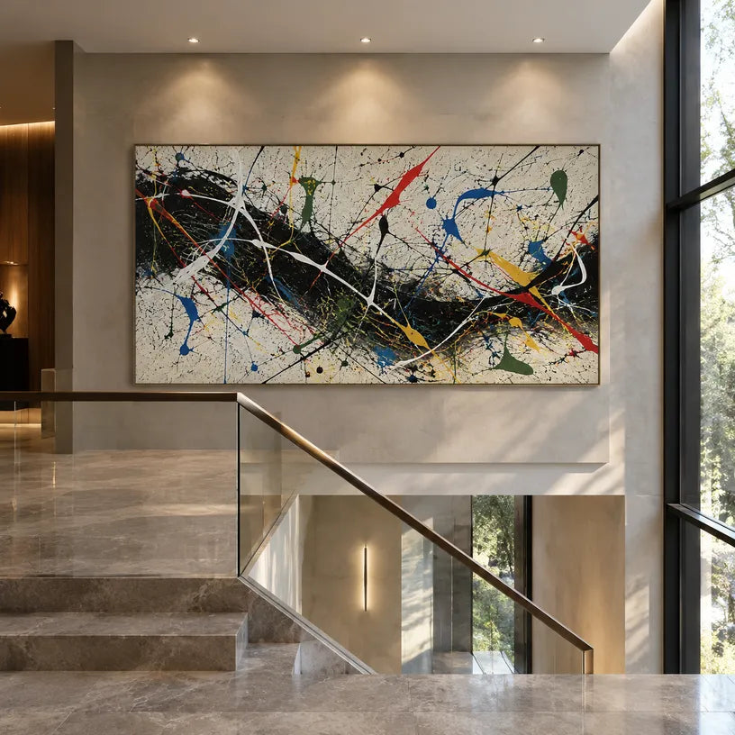 Abstract Expressionist abstract oil painting showing intersecting lines and scattered color marks, contemporary wall art.
