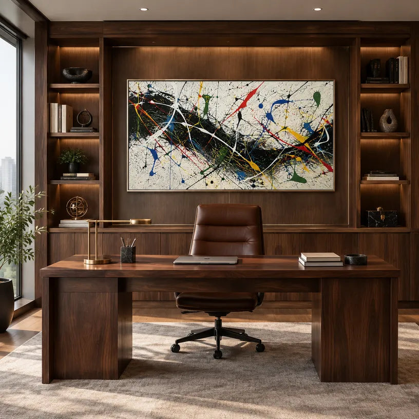 Abstract Expressionist abstract oil painting showing intersecting lines and scattered color marks, contemporary wall art.