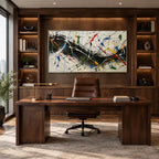 Abstract Expressionist abstract oil painting showing intersecting lines and scattered color marks, contemporary wall art.
