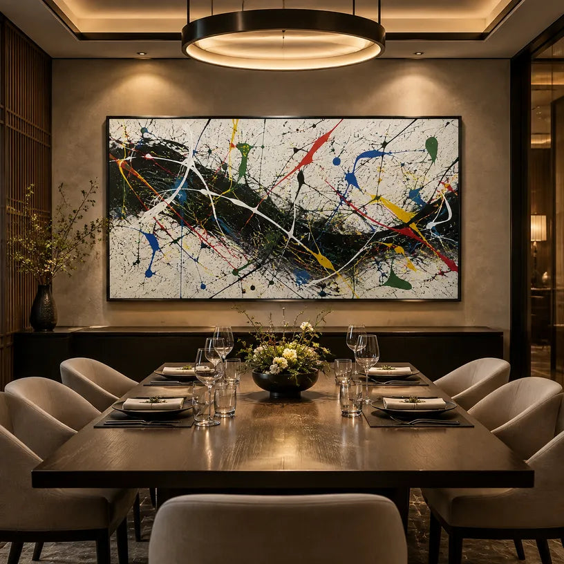 Abstract Expressionist abstract oil painting showing intersecting lines and scattered color marks, contemporary wall art.