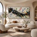 Abstract Expressionist abstract oil painting showing intersecting lines and scattered color marks, contemporary wall art.