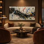 Abstract Expressionist abstract oil painting showing intersecting lines and scattered color marks, contemporary wall art.